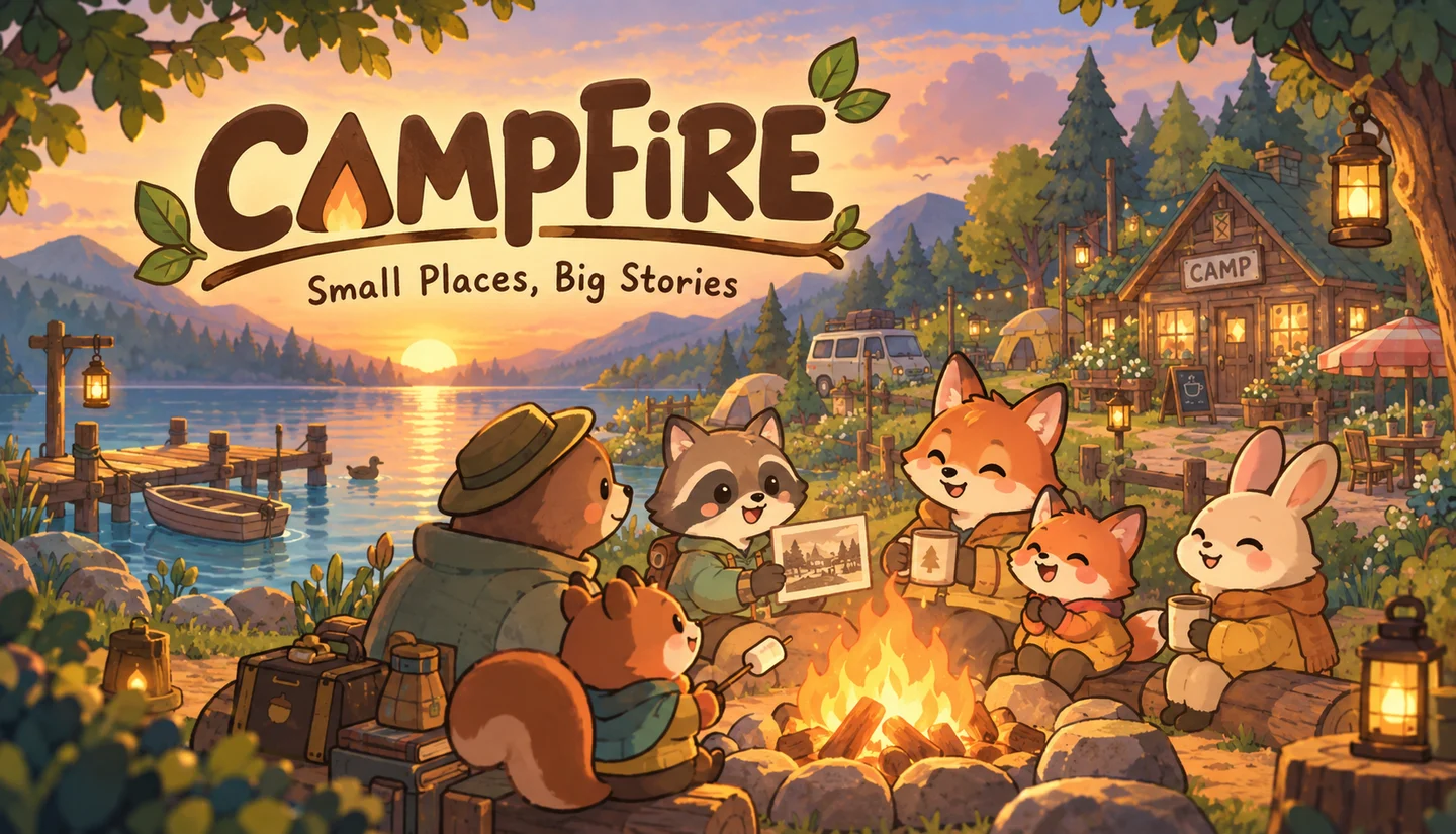 CampFire — woodland friends sharing stories beside a lakeside campfire